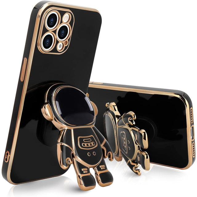 Husă TPU 2in1 pentru iPhone 14 Pro Max, design astronaut negru cu suport integrat, vedere frontală