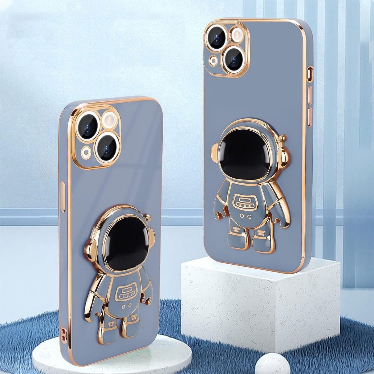 Husă TPU 2in1 iPhone 15 albastru, vedere comparativă față-spate model Astronaut