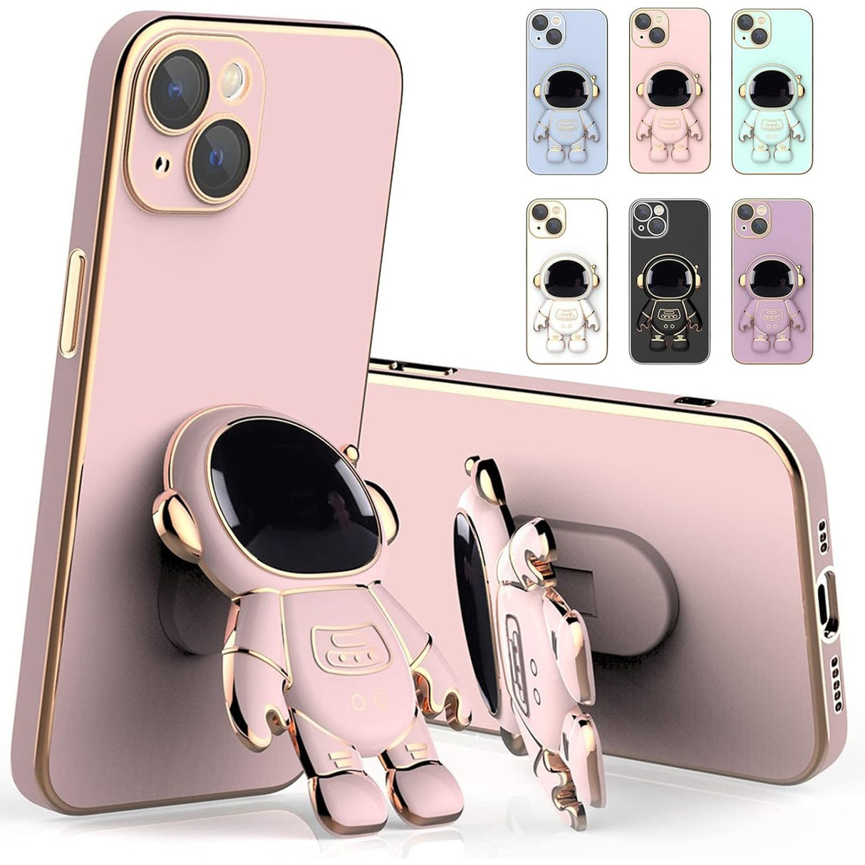 Husa de Protectie TPU 2in1, Vivimall, pentru Apple iPhone 15, Astronaut cu Suport, Antisoc, Rezistenta la Impact, Protectie Camera, Roz - vivimall.ro