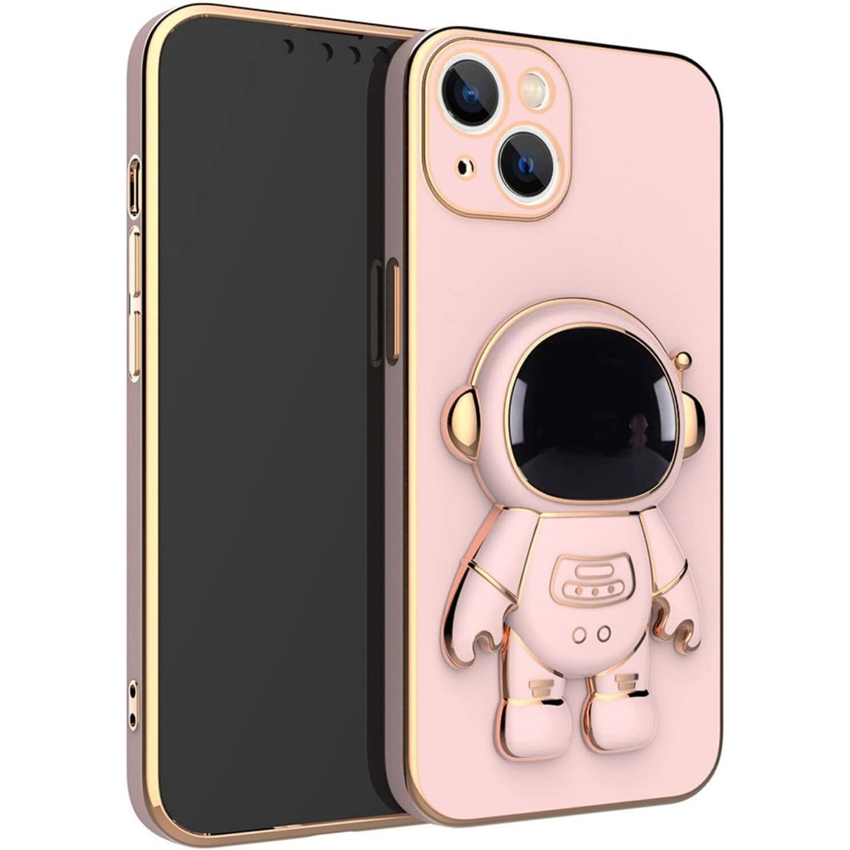 Husa de Protectie TPU 2in1, Vivimall, pentru Apple iPhone 15, Astronaut cu Suport, Antisoc, Rezistenta la Impact, Protectie Camera, Roz - vivimall.ro
