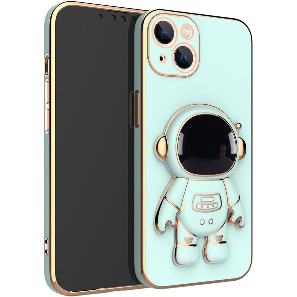 Husă iPhone 15 Plus verde astronaut, detaliu mecanism suport deschis, unghi lateral