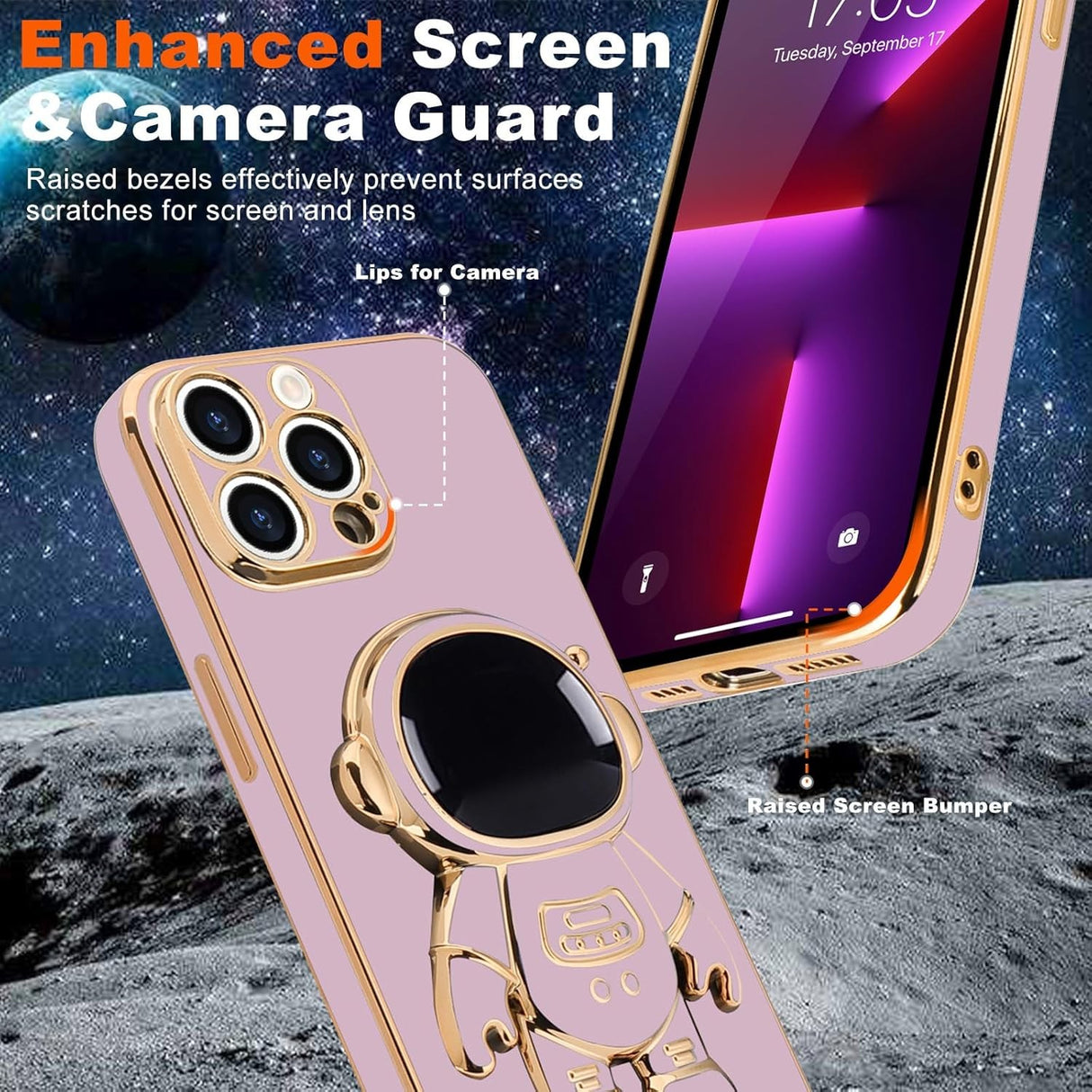Husă iPhone 15 Pro 2in1 mov montată pe telefon, vedere laterală cu acces la butoane și porturi