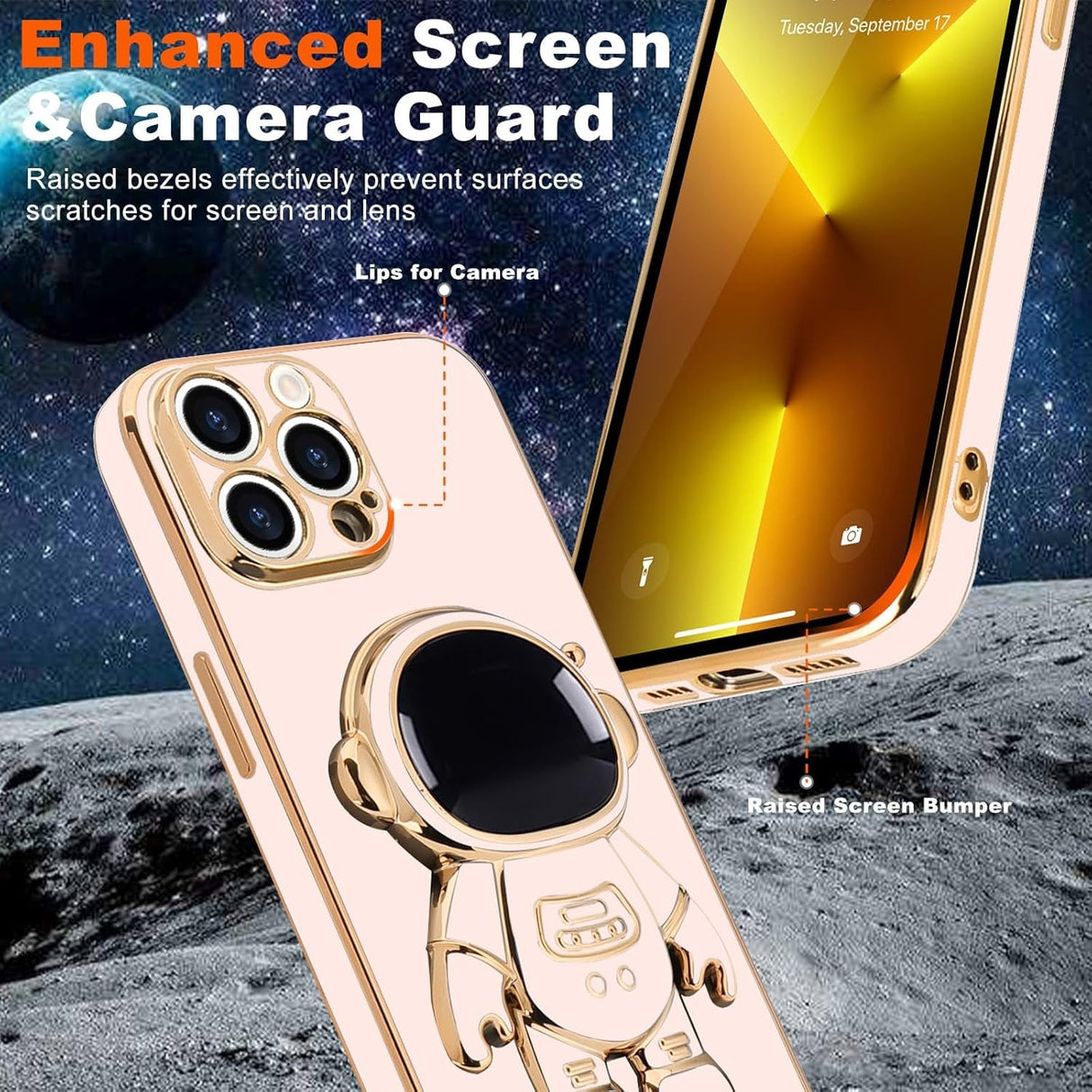 Husă iPhone 15 Pro antisoc TPU roz, detaliu protecție cameră și ramă elevată