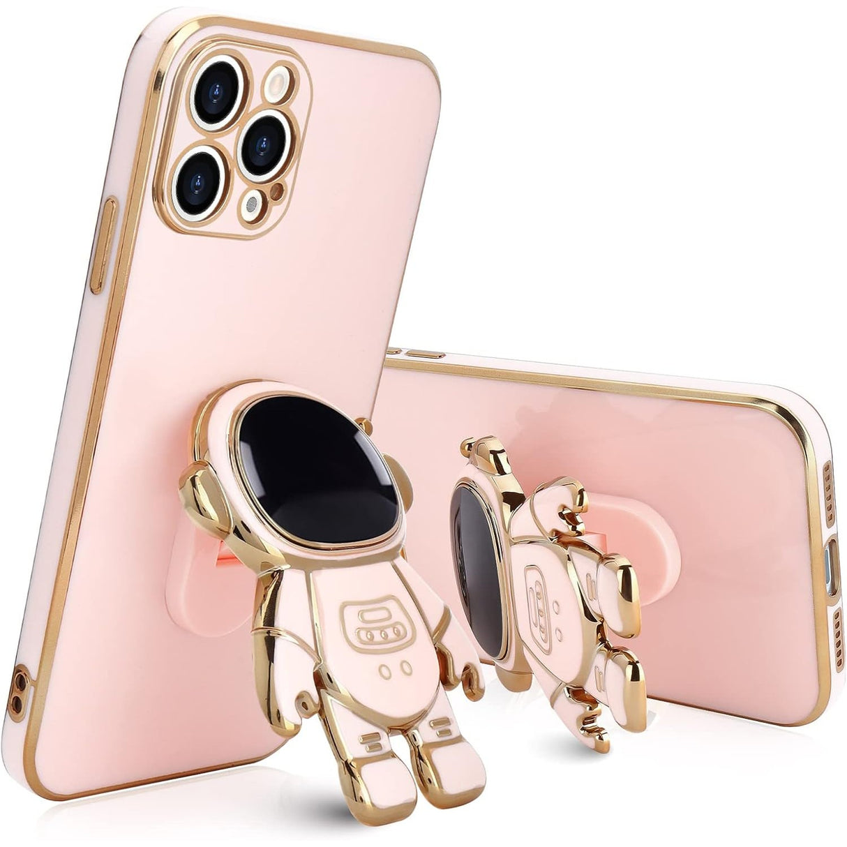 Husă TPU 2in1 iPhone 15 Pro design astronaut roz, vedere frontală cu suport deschis