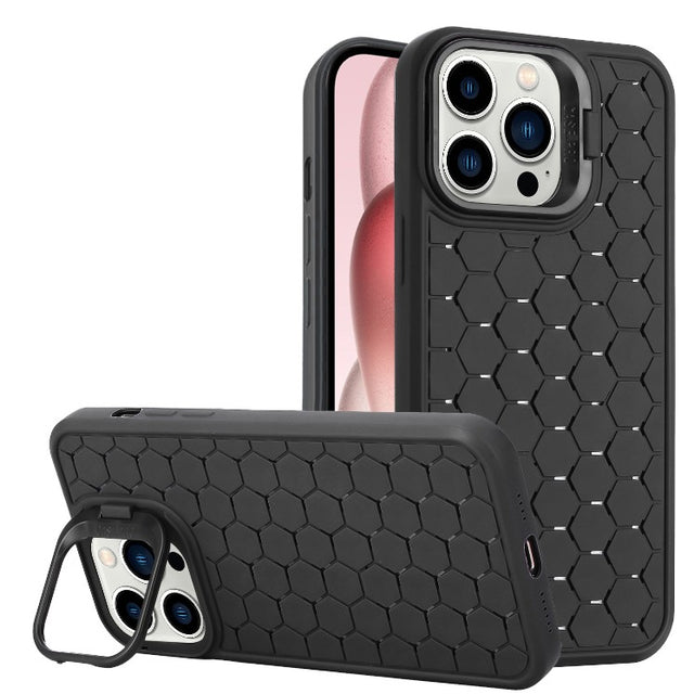 Husă TPU neagră iPhone 15 cu design 3D Cube și inel protecție cameră, vedere frontală