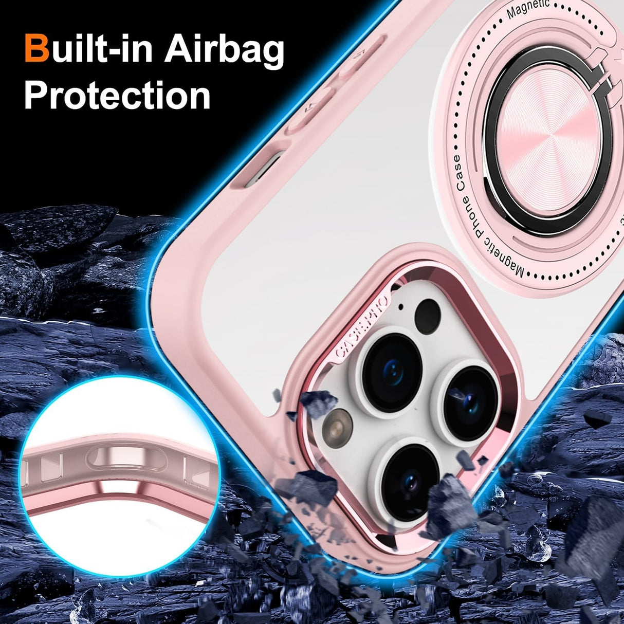Detaliu inel magnetic rotativ 360° al husei iPhone 16 Pro compatibile MagSafe, nuanță roz