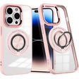 Husă TPU transparentă roz pentru iPhone 16 Pro cu inel magnetic MagSafe rotativ, vedere frontală