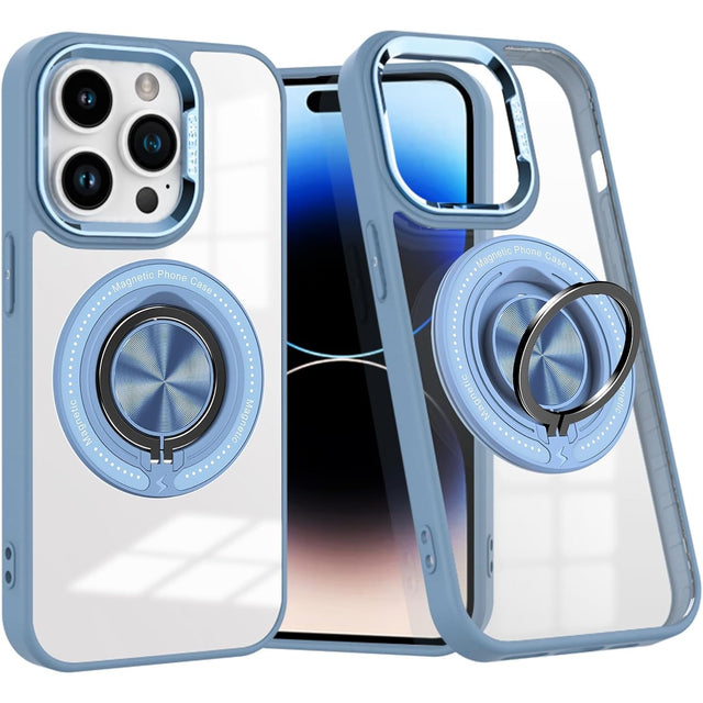Husă TPU transparentă albastru deschis pentru iPhone 16 Pro cu inel magnetic MagSafe, vedere frontală