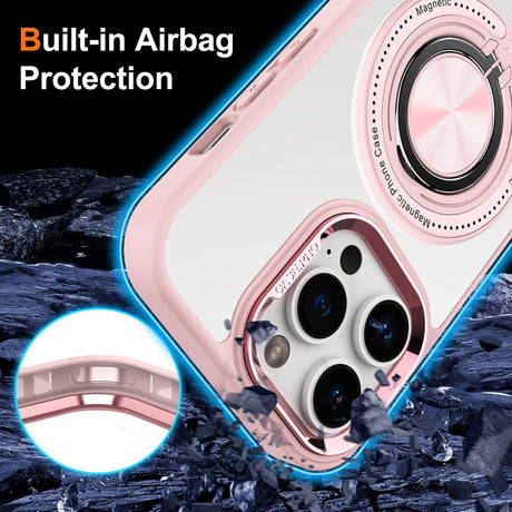 Husa de Protectie TPU, Vivimall, pentru iPhone 16 Pro Max, Anticadere, cu Incarcare Wireless, Tehnologie Magsafe, Inel Magnetic Rotativ cu Functie de Suport, Transparent-Roz - vivimall.ro