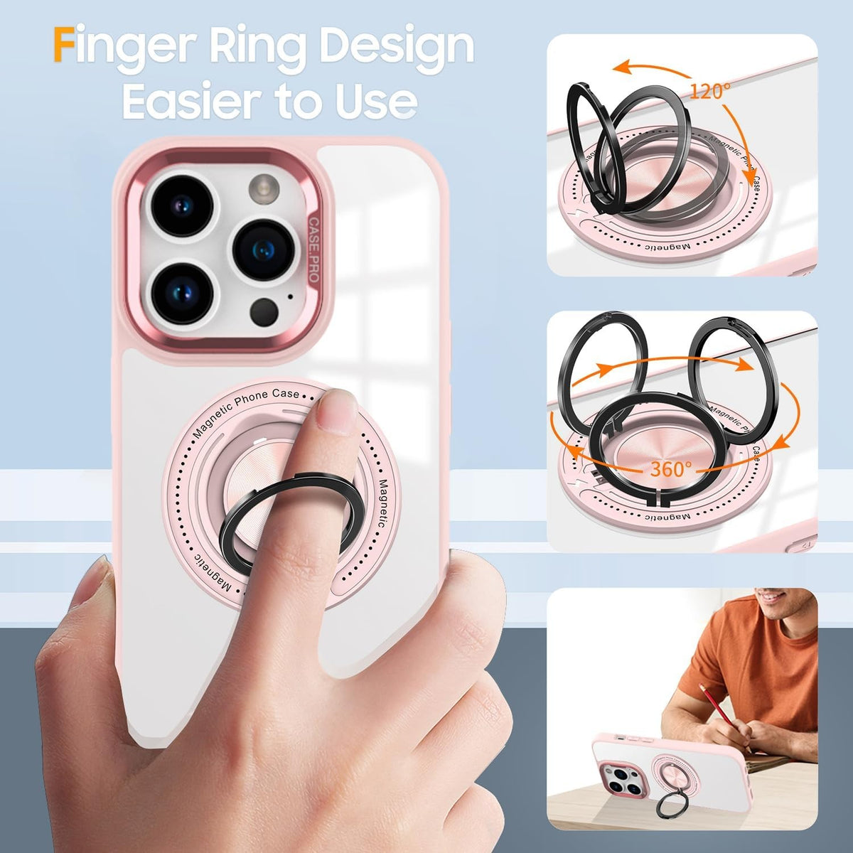 Husa de Protectie TPU, Vivimall, pentru iPhone 16 Pro Max, Anticadere, cu Incarcare Wireless, Tehnologie Magsafe, Inel Magnetic Rotativ cu Functie de Suport, Transparent-Roz - vivimall.ro