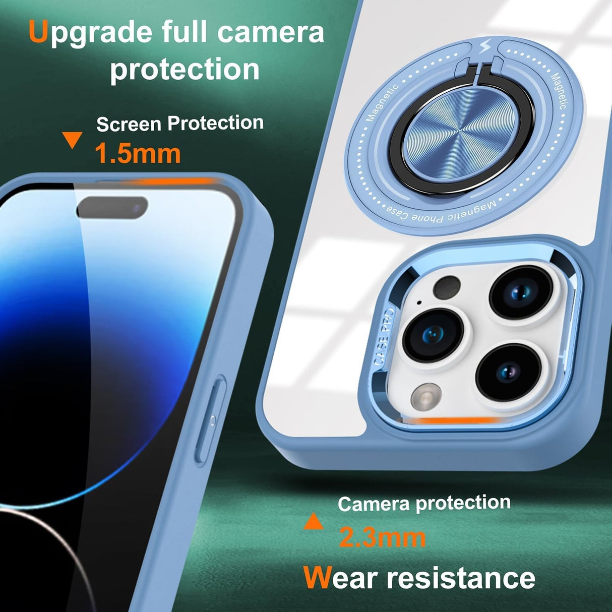 Husă iPhone 16 Pro Max transparentă albastru deschis cu inel suport, vedere spate și lateral