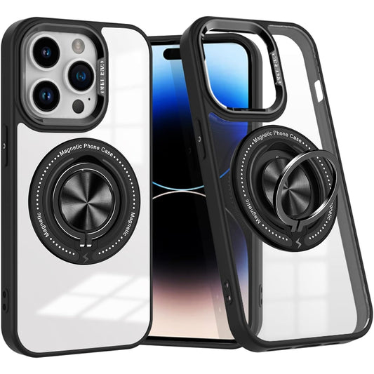 Husa de Protectie TPU, Vivimall, pentru iPhone 16 Pro Max, Anticadere, cu Incarcare Wireless, Tehnologie Magsafe, Inel Magnetic Rotativ cu Functie de Suport, Transparent-Negru - vivimall.ro