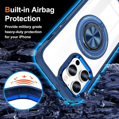 Husă iPhone 16 Pro Max transparentă cu inel rotativ 360°, detaliu inel magnetic MagSafe