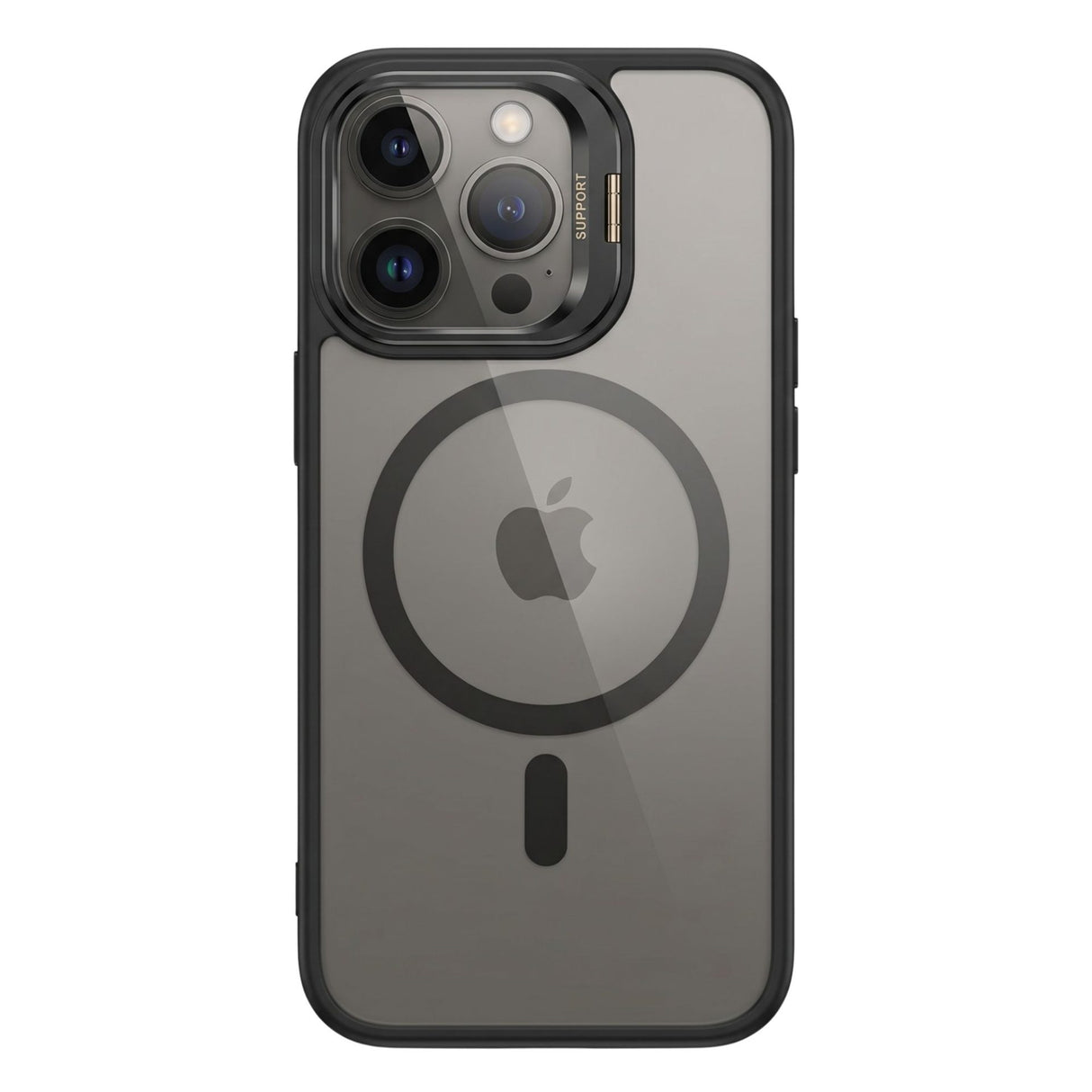 Husa de Protectie Telefon, Flippy, Compatibila cu iPhone 17 Pro Max, MagSafe, Acrylic, Suport Metalic Protectie Camera, Anti-Soc, Transparent/Negru