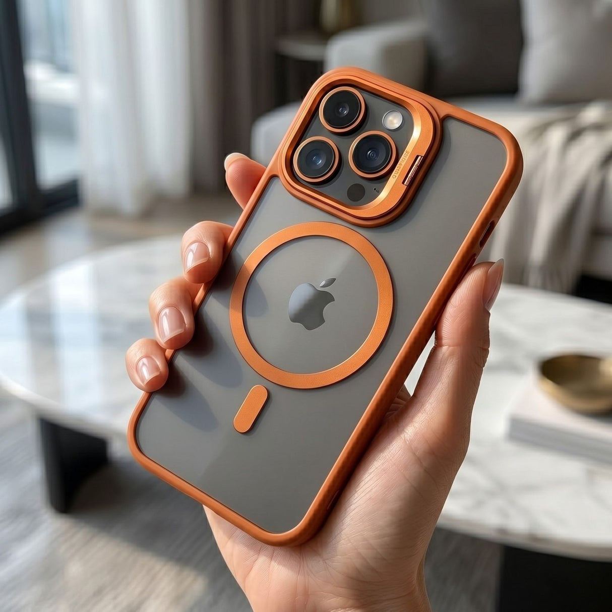Husa de Protectie Telefon, Flippy, Compatibila cu iPhone 17 Pro, MagSafe, Acrylic, Suport Metalic Protectie Camera, Anti-Soc, Portocaliu