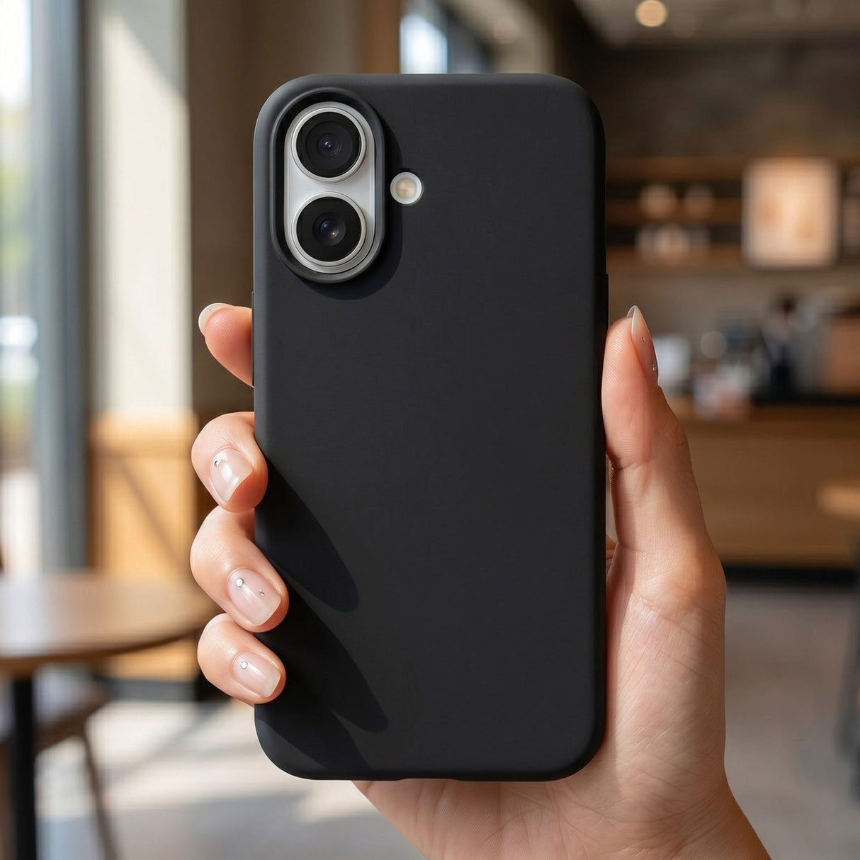 Detaliu decupaj Camera Control husă Flippy iPhone 16 Plus silicon negru, margini ridicate 1,2 mm