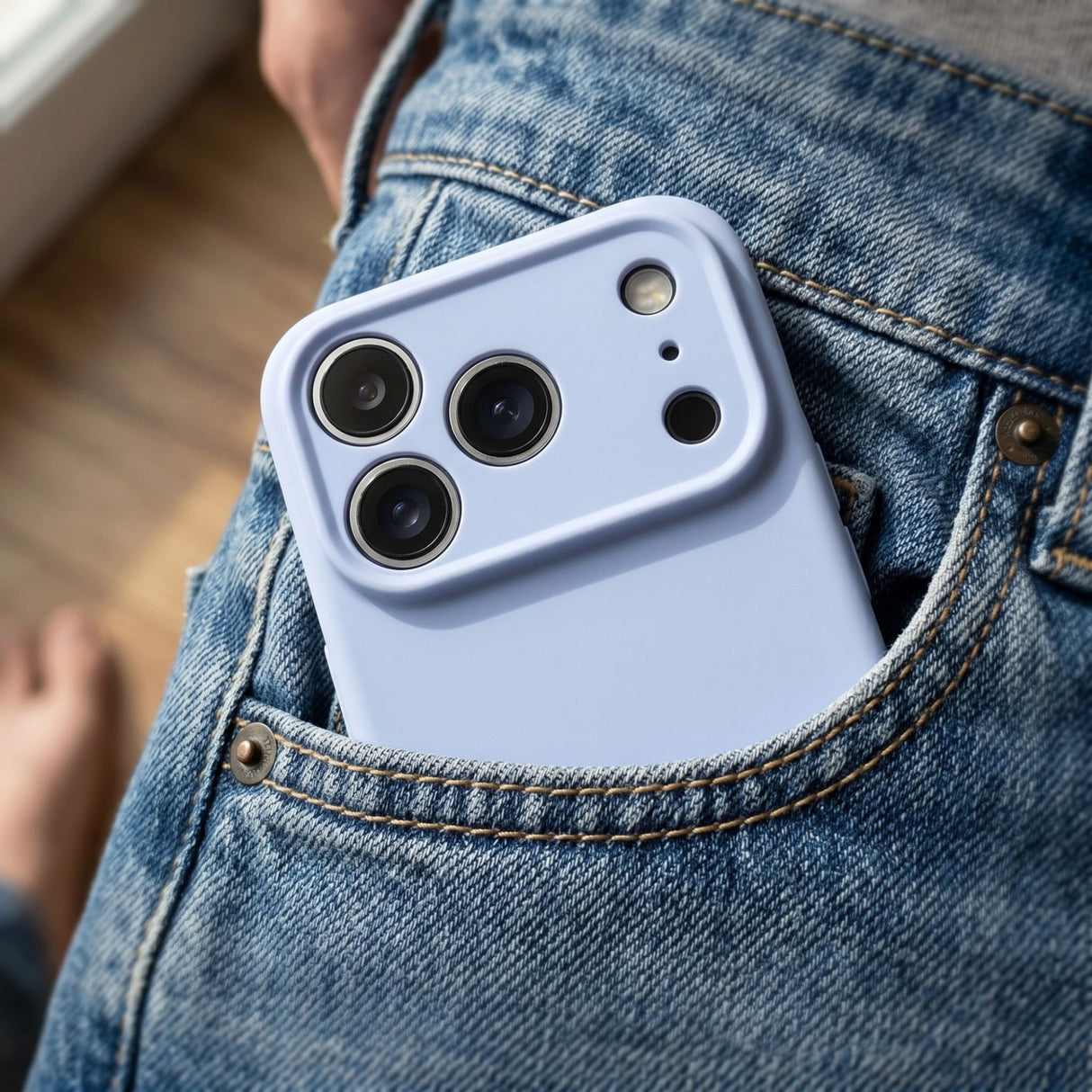 Husă silicon lichid Flippy iPhone 17 Pro Max albastru, demonstrație grip în mână, lifestyle
