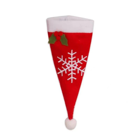 Husa decorativa festiva pentru 3 tacamuri Vivimall, model caciulita cu fulg, material textil si poliester, 18 x 7 cm, rosu - vivimall.ro