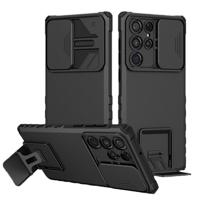 Husă Samsung Galaxy S24 FE Defender, capac glisant protecție cameră, detaliu spate negru