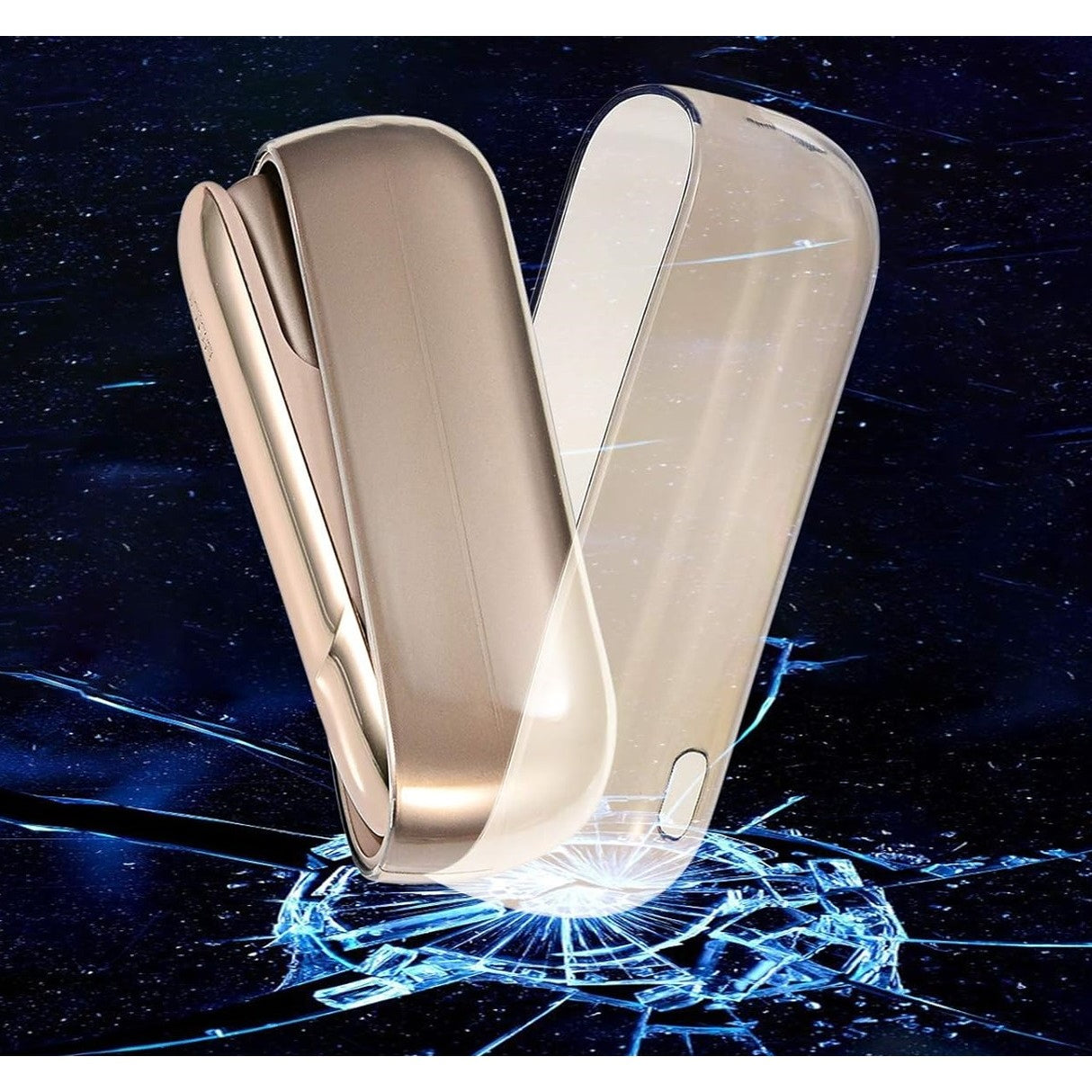 Husă IQOS 3.0 DUO aplicată pe dispozitiv, material plastic rigid negru transparent, vedere laterală