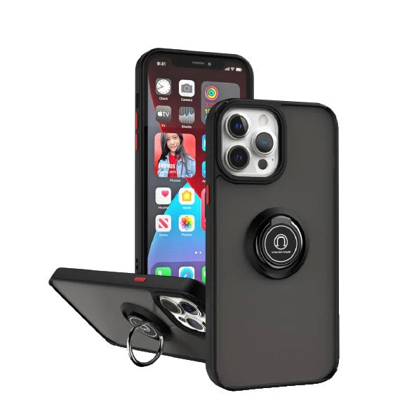 Husa Anti Fall Metal Bracket pentru Apple iPhone 14 Pro, Rezistenta la socuri, Margini colorate, Cu inel de prindere magnetic, Flippy, Negru - vivimall.ro