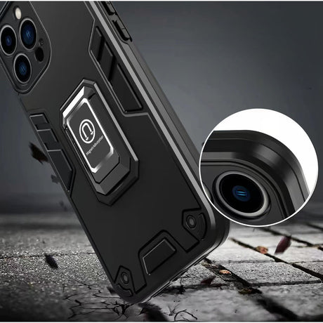 Husa Iron Warriors pentru iPhone 12, Flippy,  Hybrid Ring Holder Kickstand, Negru - vivimall.ro