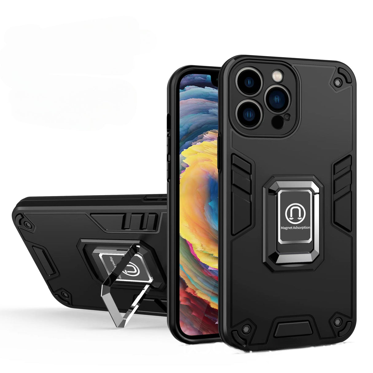 Husa Iron Warriors pentru iPhone 12, Flippy,  Hybrid Ring Holder Kickstand, Negru - vivimall.ro