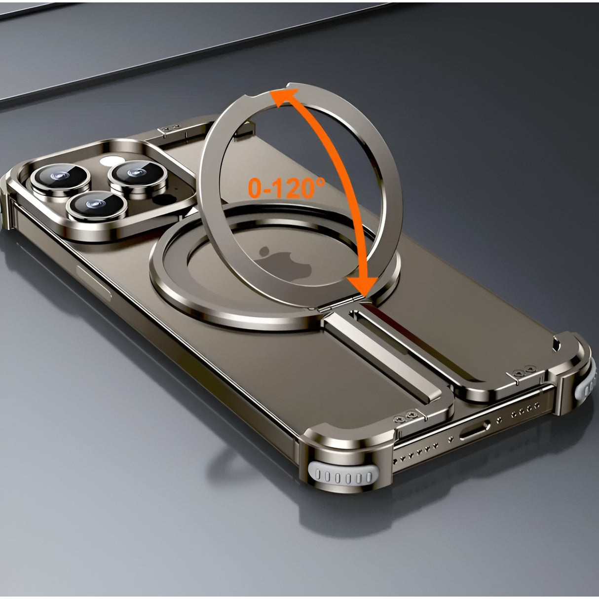 Husă iPhone 15 Pro MagSafe gri metalizat, vedere unghi 45 grade, design minimalist