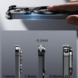 Husă metalică iPhone 15 Pro Max fără ramă, detaliu butoane și port USB-C, aliniere precisă