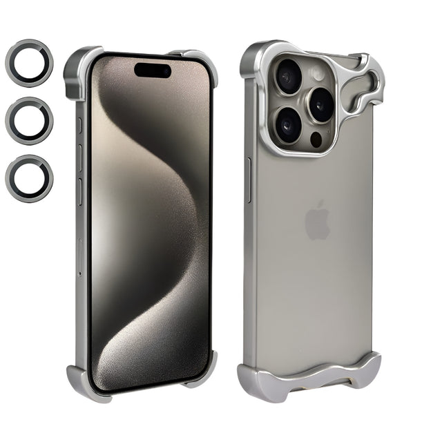 Husa Metalica Compatibila cu iPhone 15 Pro Max, Protectie pentru Colturile Telefonului si Camera, Lentile pentru Obiective, Aliaj, Antisoc, Antizgariere, Argintiu - vivimall.ro