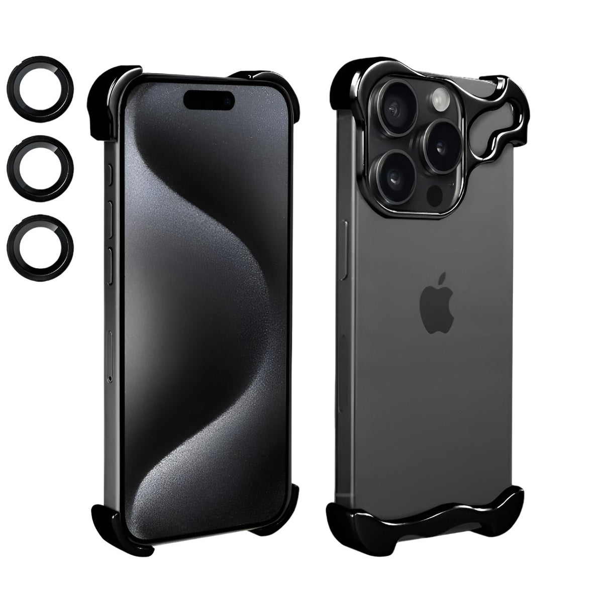 Husă metalică iPhone 15 Pro Max neagră din aliaj aluminiu, vedere frontală, protecție colțuri și cameră