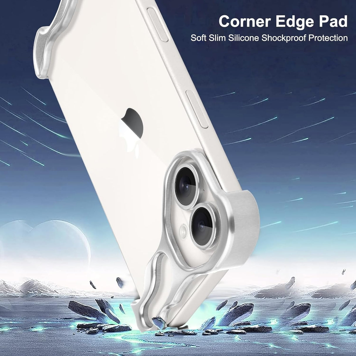 Capac metalic colț superior iPhone 16 Plus din aliaj argintiu, detaliu montaj adeziv