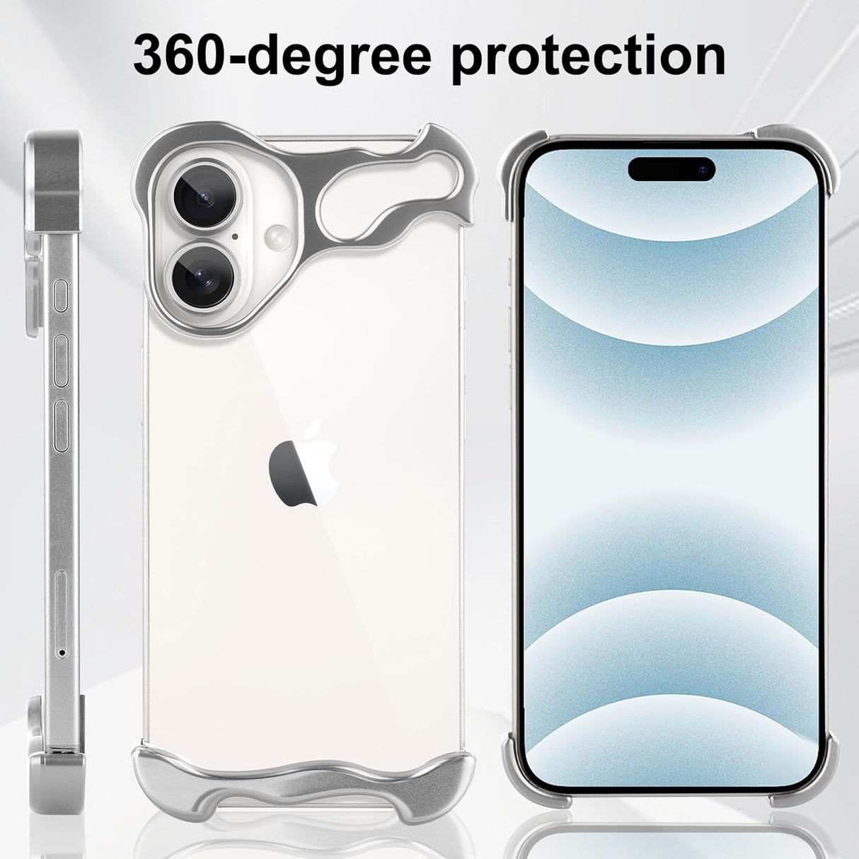 Capac de protecție cameră iPhone 16 Plus din aliaj metalic argintiu, detaliu modul foto