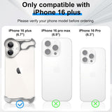 Cele trei componente ale setului metalic argintiu iPhone 16 Plus așezate separat pe fundal alb