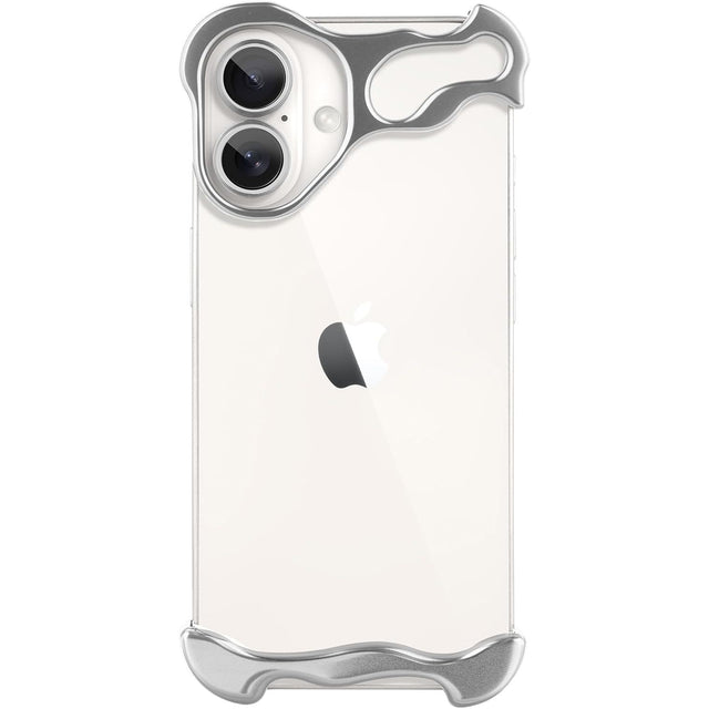 Husă metalică argintie pentru iPhone 16 Plus cu protecție colțuri și cameră, vedere frontală set complet