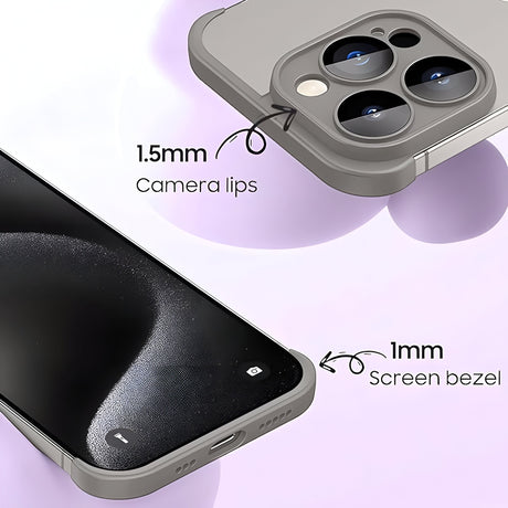 Detaliu capac metalic colț superior și inferior husă Edgeless iPhone 15, aliaj gri mat, antisoc