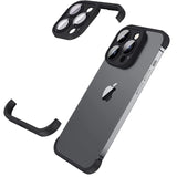 Husă metalică edgeless pentru iPhone 15 Pro în negru metalizat, vedere frontală completă a setului de trei piese