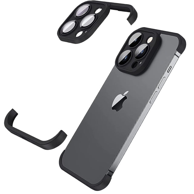 Husă metalică edgeless pentru iPhone 15 Pro în negru metalizat, vedere frontală completă a setului de trei piese