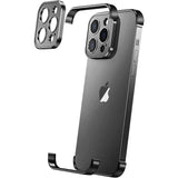 Husă metalică edgeless pentru iPhone 16 din aliaj aluminiu, culoare negru, vedere frontală set complet