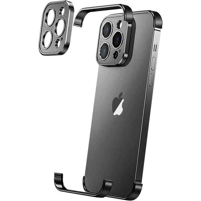 Husă metalică edgeless pentru iPhone 16 din aliaj aluminiu, culoare negru, vedere frontală set complet