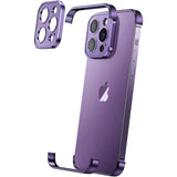 Husă metalică edgeless mov pentru iPhone 16, protecție colțuri și cameră, aliaj aluminiu — vedere frontală