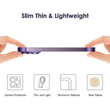 Detaliu textură aliaj aluminiu husă Edgeless iPhone 16 Plus, finisaj mat, culoare mov