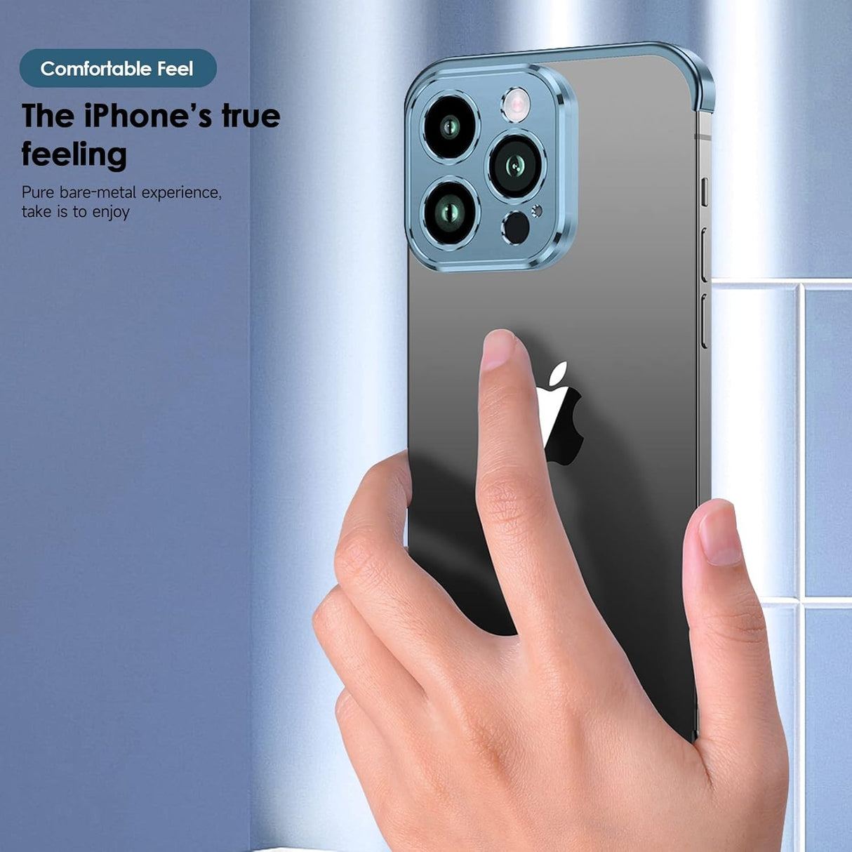 Protecție metalică pentru camera iPhone 16 Plus din aliaj aluminiu, detaliu modul foto, albastru