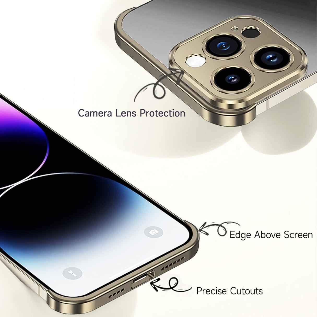Husă metalică iPhone 16 Plus auriu montată pe telefon, vedere spate, design modern