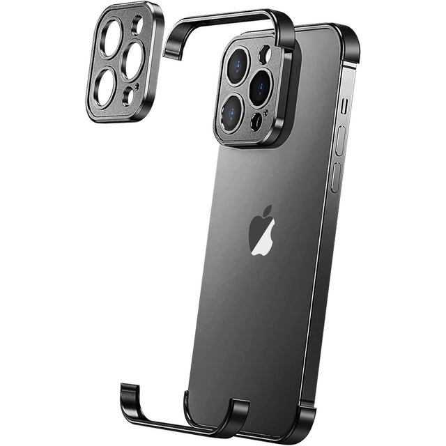 Husă metalică edgeless iPhone 16 Plus din aliaj aluminiu negru, vedere frontală completă cu cele trei elemente