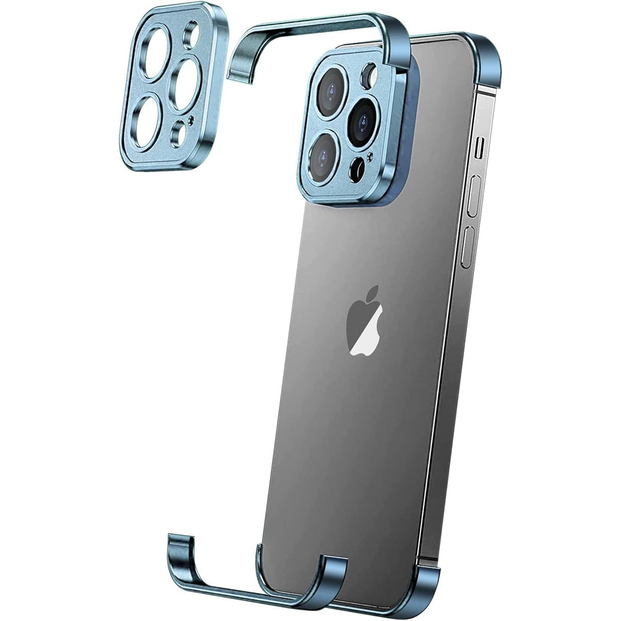 Husă metalică Edgeless pentru iPhone 16 Plus, culoare albastru, vedere frontală cu toate cele trei capace