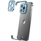 Husă metalică Edgeless pentru iPhone 16 Plus, culoare albastru, vedere frontală cu toate cele trei capace