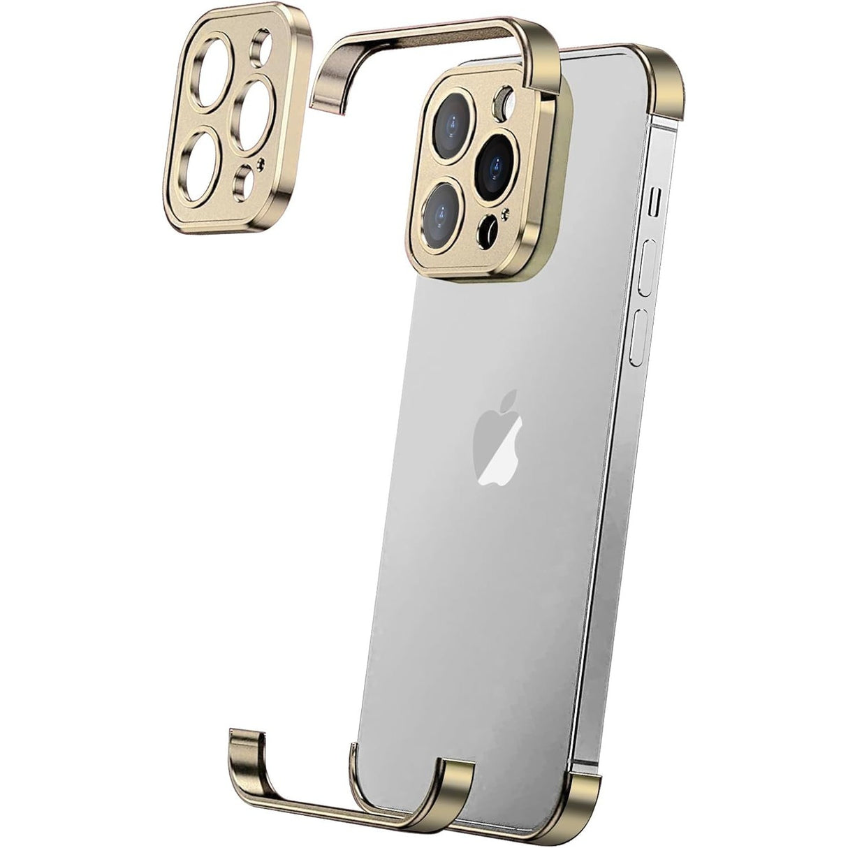 Husă metalică edgeless aurie pentru iPhone 16 Plus, vedere frontală, aliaj aluminiu, set complet