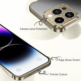 Husă metalică Edgeless iPhone 16 Pro Max montată, vedere spate, nuanță aurie