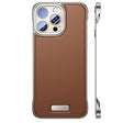 Husă iPhone 15 din piele PU maro, design modern fără margini, vedere frontală și spate
